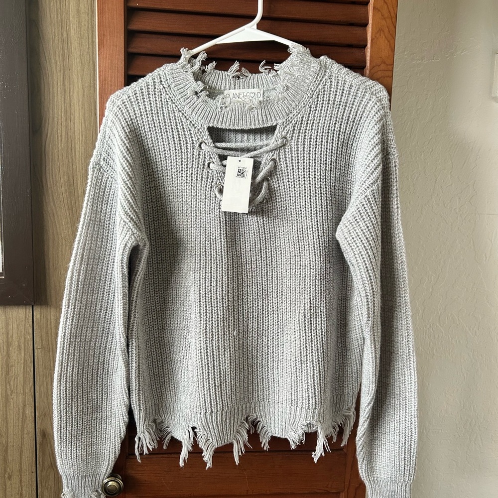Planet Gold Light Gray Distressed Sweater